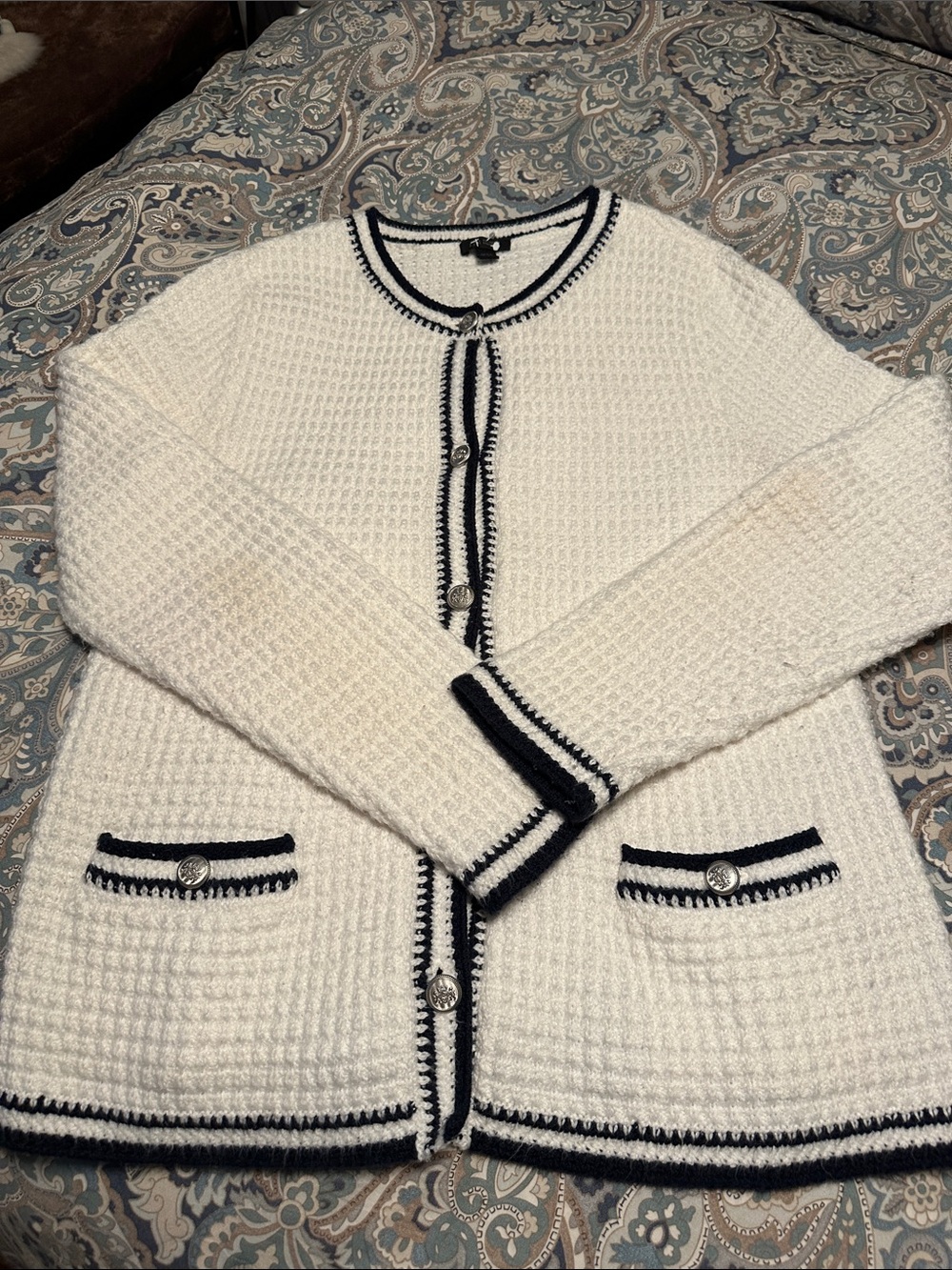 J. Jill Classic Cream Knit Cardigan with Navy Trim